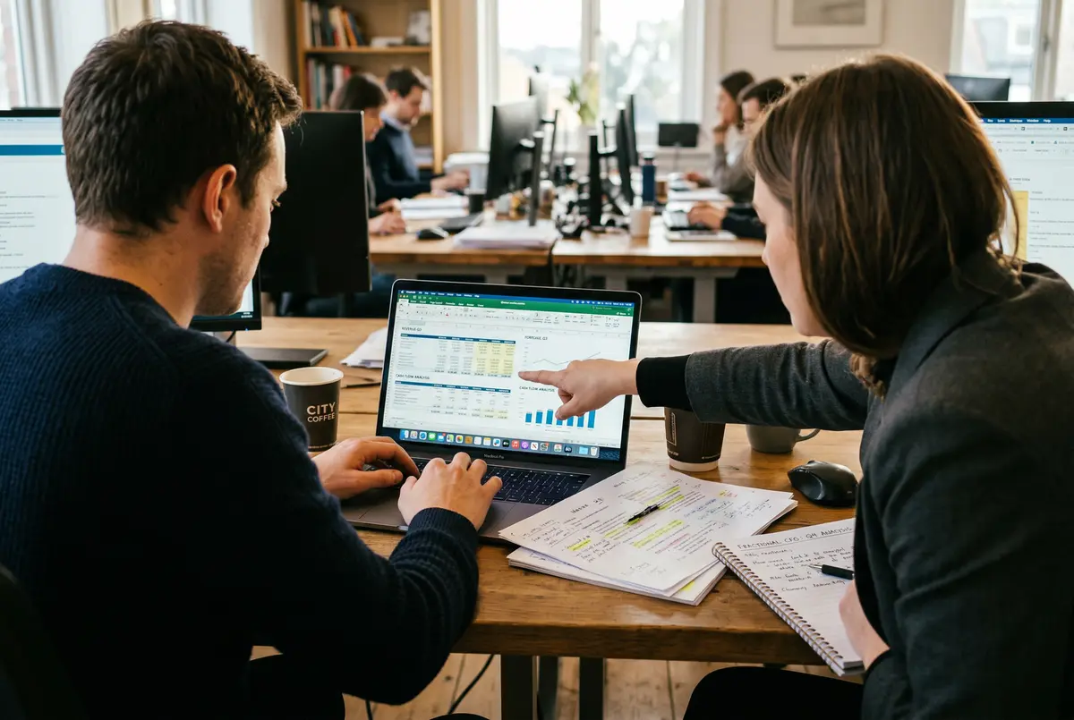 Fractional CFO reviewing financial numbers alongside a Boulder business owner in an ongoing embedded partnership